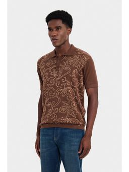 Snitch - Brown Jacquard Half Sleeves Regular Casual Polo T-Shirt for Men