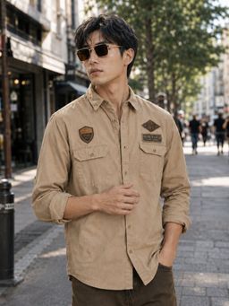 Bene Kleed - Men Beige Regular Fit Double Pocket Badge Shirt