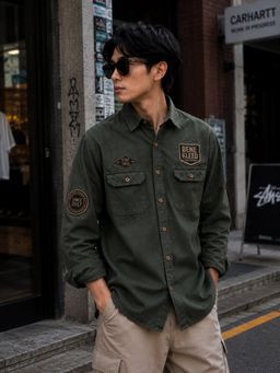 Bene Kleed - Men Olive Regular Fit Double Pocket Badge Shirt