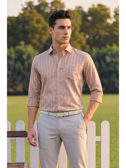 Peter England - Men Peach Slim Fit Stripe Shirt