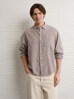 American Eagle - Brown Relaxed Linen-Blend Button-Up Shirt