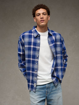 American Eagle - Blue Relaxed Linen-Blend Button-Up Shirt