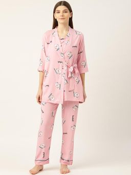 Sweet Dreams - Women Printed Rayon Robe With Top And Pant (Set of 3)