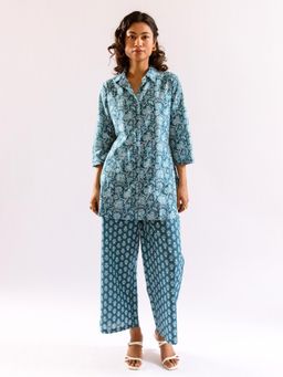 FEATHERS CLOSET - Sea Blue Breeze Print Pure Cotton Co-Ord (Set of 2)