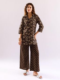 FEATHERS CLOSET - Black Flora Fiesta Pure Cotton Collar Top Co-Ord (Set of 2)