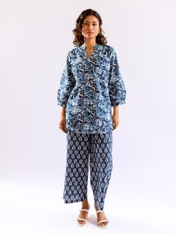 FEATHERS CLOSET - Indigo Floral Flirt Pure Cotton Back Pleated Co-Ord (Set of 2)