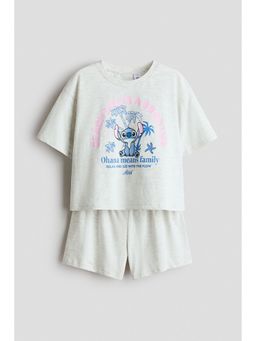 H&M - Girls Grey Printed Cotton Pyjamas T-Shirt & Shorts