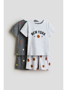 H&M - Boys Grey 2-Pack Printed Cotton Pyjama T-Shirt & Shorts