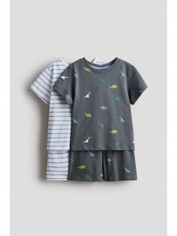 H&M - Boys Grey 2-Pack Printed Cotton Pyjama T-Shirt & Shorts