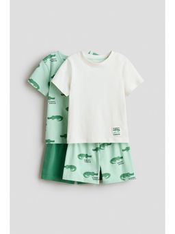 H&M - Boys Green 2-Pack Printed Cotton Pyjama T-Shirt & Shorts