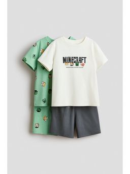 H&M - Boys Green 2-Pack Printed Pyjama T-Shirt & Shorts