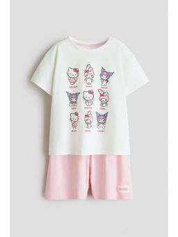 H&M - Girls Pink Printed Cotton Pyjama T-Shirt & Shorts