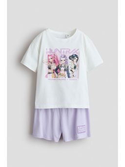 H&M - Girls White Printed Cotton Pyjama T-Shirt & Shorts