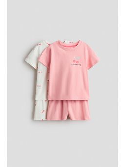 H&M - Girls Pink 2-Pack Printed Cotton Pyjama T-Shirt & Shorts