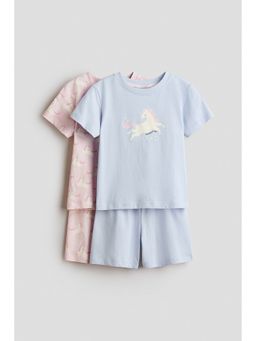 H&M - Girls Blue 2-Pack Printed Cotton Pyjama T-Shirt & Shorts