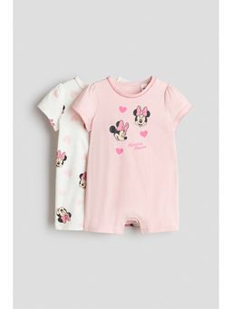 H&M - Girls Pink 2-Pack Printed Short Sleepsuits
