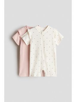 H&M - Girls Pink 2-Pack Frill-Trimmed Cotton Sleepsuits