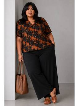 Virgio - Printed Cotton Lapel Collar Lace Detail Crop Plus Size Plus Size Shirt for Women