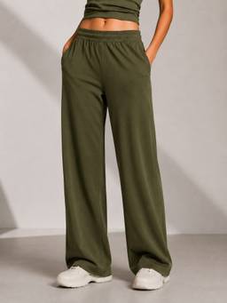 Slumber Jill - Airluxe Rib Olive Mist Fluid Wide Leg Trousers