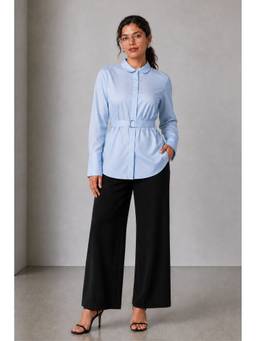 Virgio - Solid Cotton Longline Shirt with Waist Belt for Women
