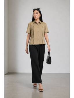 Virgio - Solid Cotton Tacking Detail Relaxed Shirt for Women