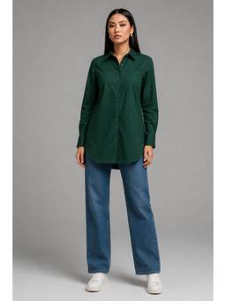 Virgio - Solid Cotton Shirt with Curved Hem for Women
