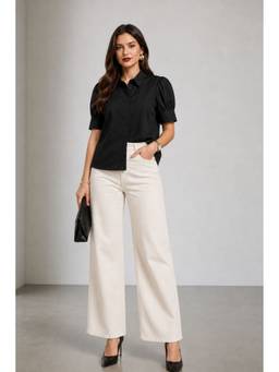 Virgio - Solid Cotton Angled Yoke White Shirt for Women