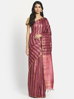 Fabindia - Pink Silk Blend Woven Saree without Blouse