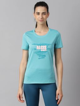 Alcis - Women Printed Turquoise Anti Static Slim Fit Round Neck Training T-Shirt