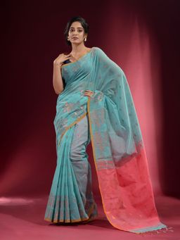 CHARUKRITI - Sky Blue with Floral Zari and Contrast Pallu Saree with Unstitched Blouse
