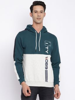 Cantabil - Hooded Colour Blocked Teal Casual Sweatshirt