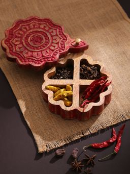 Revive Home - Hand Carved Circular Box In Red Distress Finish