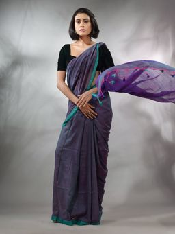 CHARUKRITI - Spruce Blue Cotton Handspun Soft Saree with Contrast Violet Pallu & Unstitched Blouse
