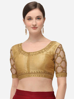 Amrutam Fab - Womens Embroidered Beige Phantom Silk Stiched Blouse With Round Neck