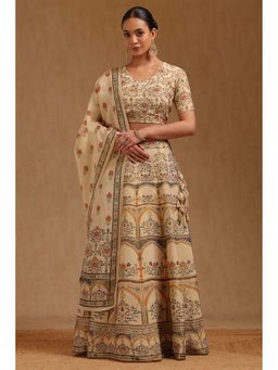 Soch - Womens Beige Tissue Botanical Print Lehenga With Choli & Dupatta