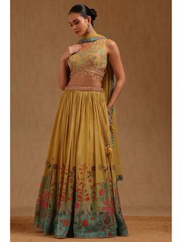 Soch - Womens Mustard Tissue Embroidered Lehenga With Choli & Dupatta
