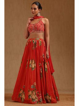 Soch - Womens Red Crepe Unstitched Sleeves Embroidered Choli With Lehenga & Dupatta