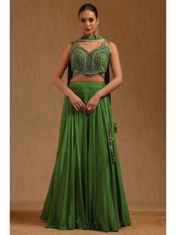 Soch - Womens Green Crepe Unstitched Sleeves Embroidered Choli With Lehenga & Dupatta