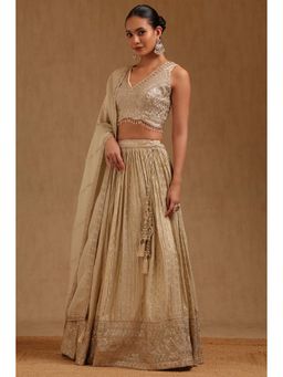 Soch - Womens Beige Tissue Unstitched Sleeves Embroidered Choli With Lehenga & Dupatta