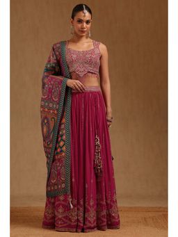 Soch - Womens Fuchsia Chinon Unstitched Sleeves Embroidered Choli With Lehenga & Dupatta