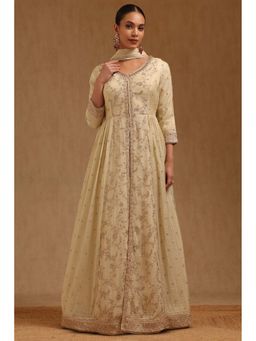 Soch - Womens Cream Tissue Embroidered Lehenga With Long Top & Dupatta