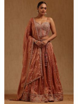 Soch - Womens Peach Fendi Unstitched Sleeves Embroidered Choli With Lehenga & Dupatta