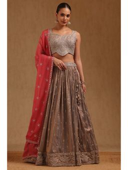 Soch - Womens Grey Fendi Unstitched Sleeves Embroidered Choli With Lehenga & Dupatta