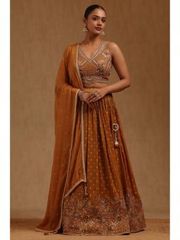 Soch - Womens Mustard Tissue Unstitched Sleeves Embroidered Choli With Lehenga & Dupatta