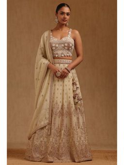 Soch - Womens Beige Tissue Unstitched Sleeves Embroidered Choli With Lehenga & Dupatta