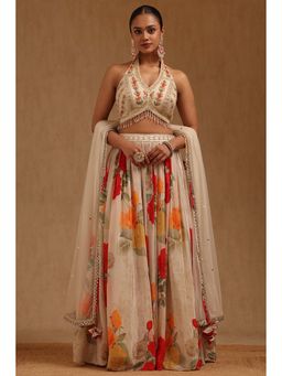 Soch - Womens Off White Nylon Blend Embroidered Lehenga With Choli & Dupatta