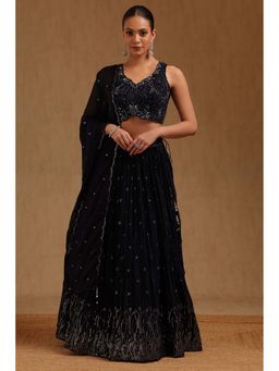 Soch - Womens Navy Blue Rangoli Unstitched Sleeves Embroidered Choli With Lehenga & Dupatta