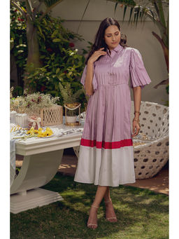 Label Swish - Lavender Cotton Pleated Color Block Midi Dress
