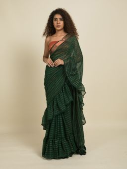Suta - Green Zari Stripes Ruffle Saree