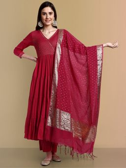 Mera Rang - Red Chanderi Angarkha Graduated Style with Pant and Dupatta (Set of 3)